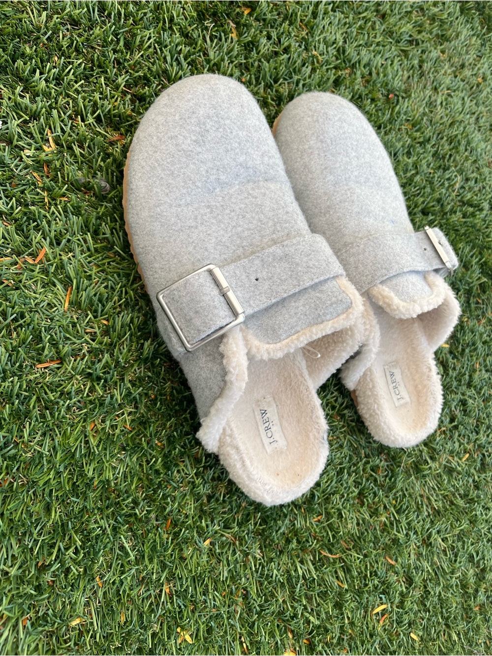 J. Crew Light Gray Shearling-Lined Buckle Clogs
